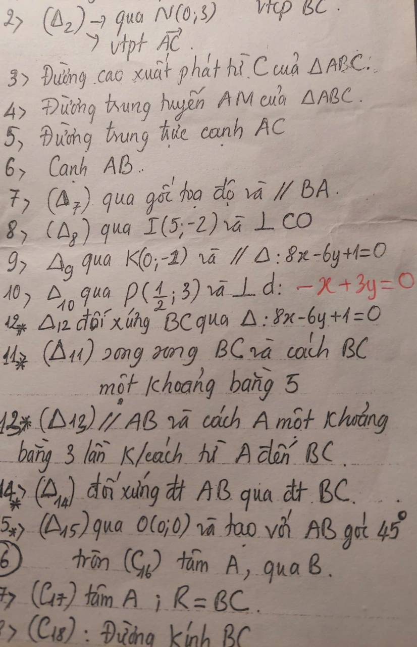 27 (Delta _2) 1 qua N(0;3) vicp BC. 
vipt vector AC. 
3) Duǒng cao xuāt phat hoverline C cud △ ABC. 
4) puòng thung huyěn AM cuà △ ABC. 
5, Duòng trung tiue canh AC
6, Canh AB. 
7, (△ _7) qua goi toa do overline vaparallel overline BA
87 (Delta _8) qua I(5,-2) vú ⊥ CO
9> △ _g qua K(0;-1) vā // △: 8x-6y+1=0
10? △ qua P( 1/2 ;3) vā I d -x+3y=0
10 
184 △ _12 doixing BCqua A: 8x-6y+1=0
(△ _11) zong zng BC va cach BC 
mot khoang bang 5
13 (△ 13) /1 AB ia coch A mot khoing 
bang 3 lan Kleach hí Adén BC. 
14. ) (△ _14) doxung AB. qua dr. BC. 
× 
5x (Delta _15) qua O(0;0) zū tao vi AB got 45°
6 trin (C_16) fam A , quaB.
(C_17) fam Ai R=BC. 
) (C_18) :Duong kinh BC