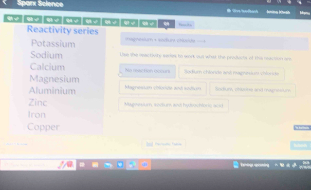 Sparx Science
Give feedback Ámina Árusin Mera
q √ / q √ / q√ q Q8 √ Q √ 9 √ √ Reects
Reactivity series
Potassium magnesium + sodium chloride
Sodium Use the reactivity series to work out what the products of this reaction are.
Calcium No reaction occurs Sodium chlöride and magnesium chloride
Magnesium
Aluminium Magnesium chloride and sodium Sodium, chlorine and magnesium
Zinc Magnesium, sodium and hydrochloric acid
Iron
Copper
Iml Periodic fable bbni 
Eamings upcoming