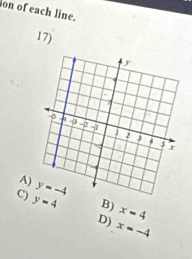 on of each line.
17)
A) x=4
C) y=4
B)
D) x=-4