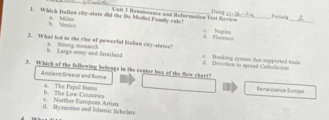 Date:
Unit 3 Renaissance and Reformation Test Review Period：_
1. Which Italian city-state did the De Medici Family rule?
a. Milan c. Naples
b. Venice d. Florence
2. What led to the rise of powerful Italian city-states?
a. Strong monarch c. Banking system that supported trade
b. Large army and farmland d. Devotion to spread Catholicism
3. Which of the following belongs in the center box of the flow chart?
Ancient Greece and Rome Renaissance Europe
a. The Papal States
b. The Low Countries
c. Norther European Artists
d. Byzantine and Islamic Scholars