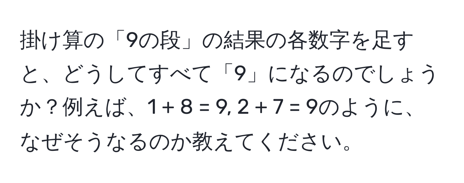 掛け算の「9の段」の結果の各数字を足すと、どうしてすべて「9」になるのでしょうか？例えば、1 + 8 = 9, 2 + 7 = 9のように、なぜそうなるのか教えてください。