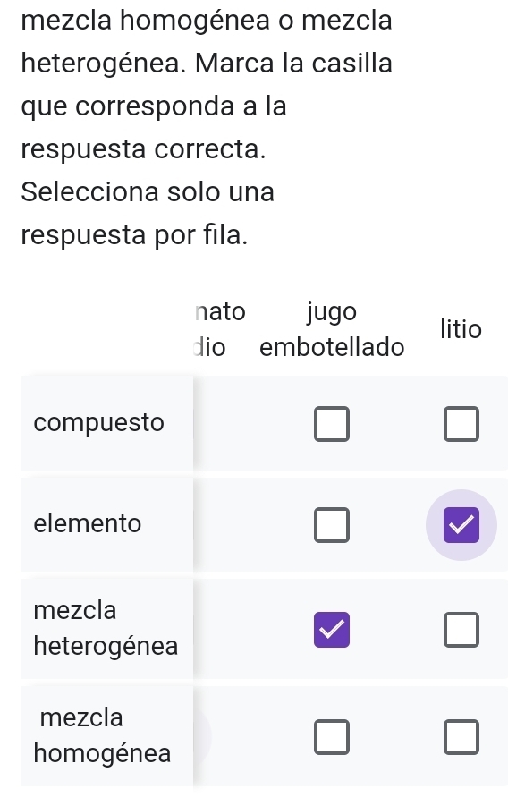 mezcla homogénea o mezcla 
heterogénea. Marca la casilla 
que corresponda a la 
respuesta correcta. 
Selecciona solo una 
respuesta por fila.