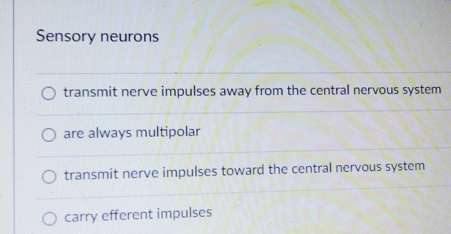 Sensory neurons
transmit nerve impulses away from the central nervous system
are always multipolar
transmit nerve impulses toward the central nervous system
carry efferent impulses