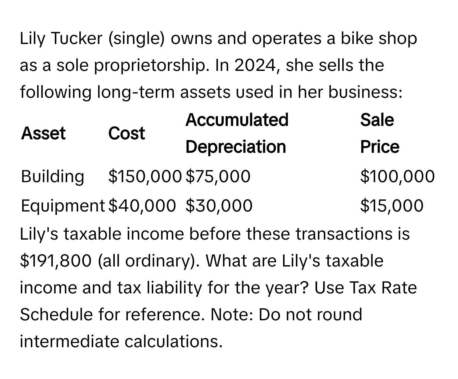 Lily Tucker (single) owns and operates a bike shop as a sole proprietorship. In 2024, she sells the following long-term assets used in her business:

| Asset | Cost | Accumulated Depreciation | Sale Price |
|---|---|---|---|
| Building | $150,000 | $75,000 | $100,000 |
| Equipment | $40,000 | $30,000 | $15,000 |

Lily's taxable income before these transactions is $191,800 (all ordinary). What are Lily's taxable income and tax liability for the year? Use Tax Rate Schedule for reference. Note: Do not round intermediate calculations.