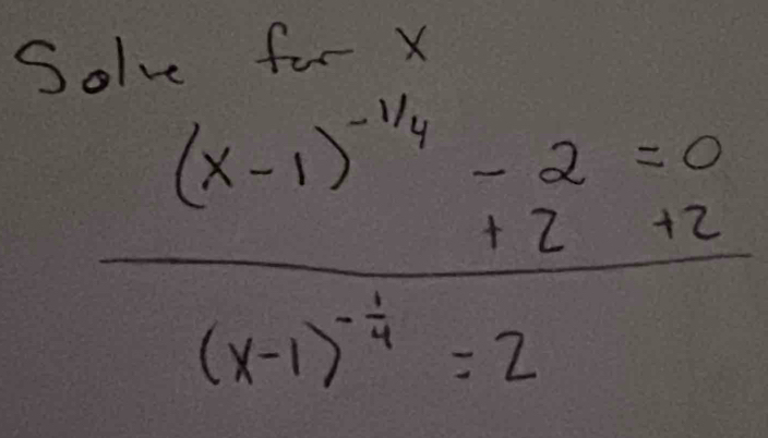 Solve for X
frac (x-1)^-14-2=0(x-1)^- 1/4 -2