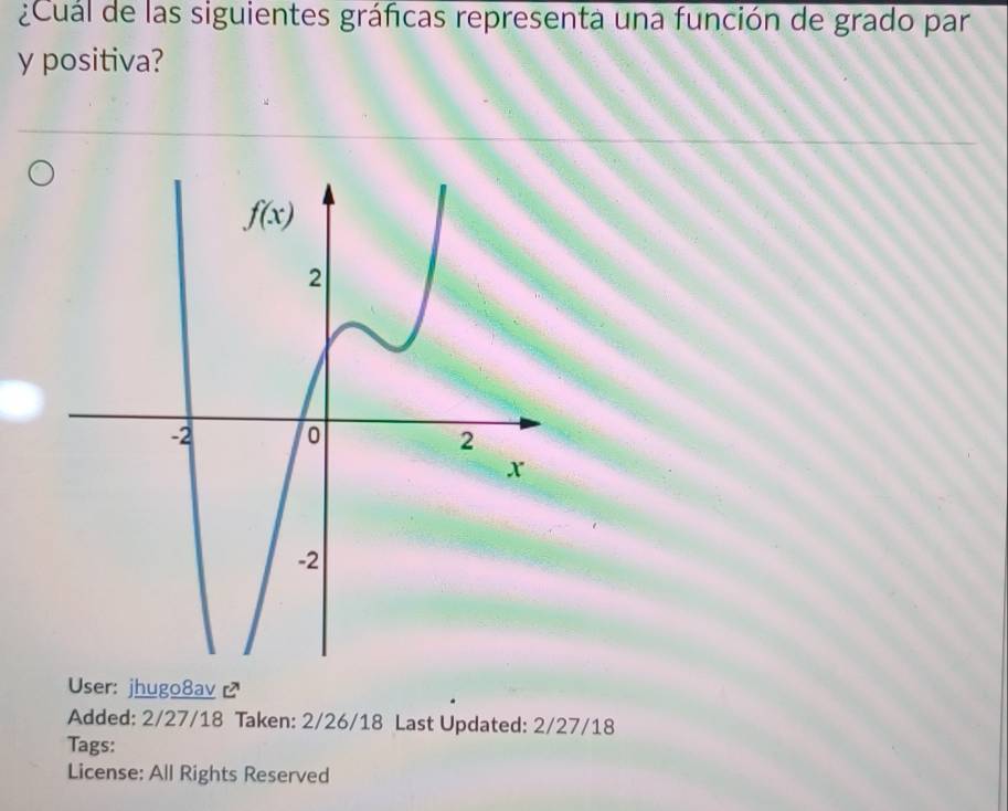 ¿Cuál de las siguientes gráficas representa una función de grado par
y positiva?
User: jhugo8av 
Added: 2/27/18 Taken: 2/26/18 Last Updated: 2/27/18
Tags:
License: All Rights Reserved