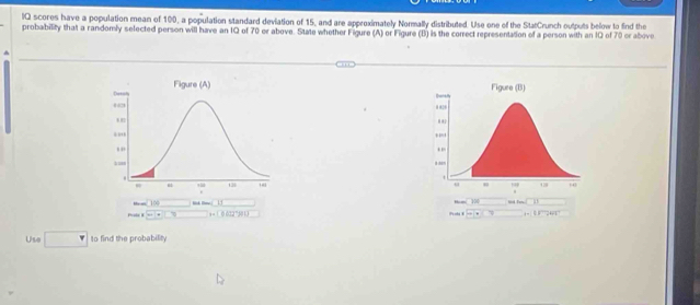 lQ scores have a population mean of 100, a population standard deviation of 15, and are approximately Normally distributed. Use one of the StatCrunch outputs below to find the 
probability that a randomly selected person will have an IQ of 70 or above. State whether Figure (A) or Figure (B) is the correct representation of a person with an IQ of 70 or above 

. sqrt(104) - 1
118
Prols K □ +□ +circ (0Longleftrightarrow 12°)(1) □ +□ Wd Ter. 
Probs 8 11°144°
Use □ to find the probability