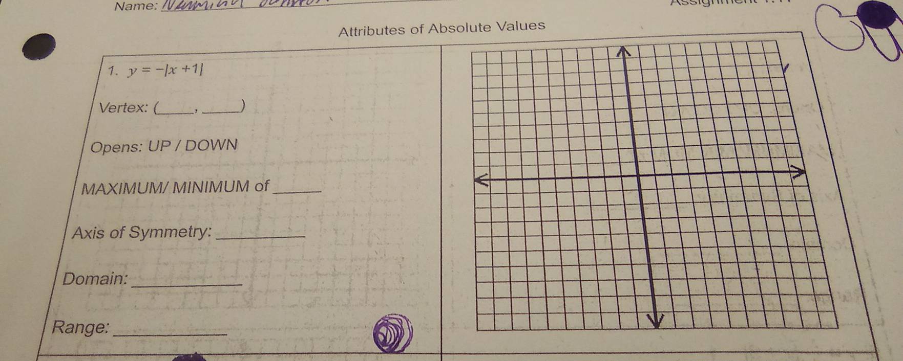 Name:_ 
Attributes of Absolute Values 
1. y=-|x+1|
Vertex: (_ ,_ ) 
Opens: UP / DOWN 
MAXIMUM/ MINIMUM of_ 
Axis of Symmetry:_ 
Domain:_ 
Range:_