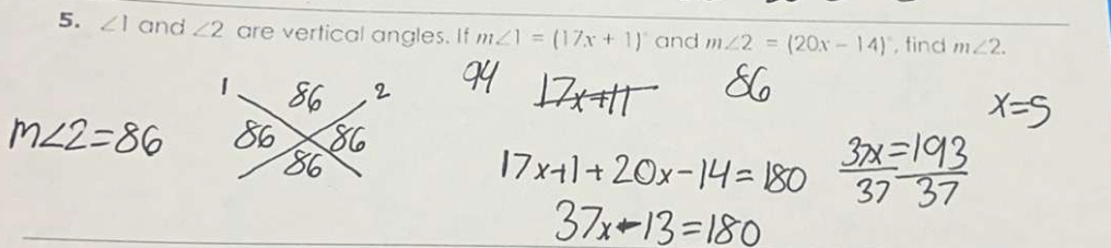 ∠ 1 and ∠ 2 are vertical angles. If m∠ 1=(17x+1)^circ  and m∠ 2=(20x-14)^circ  , find m∠ 2.