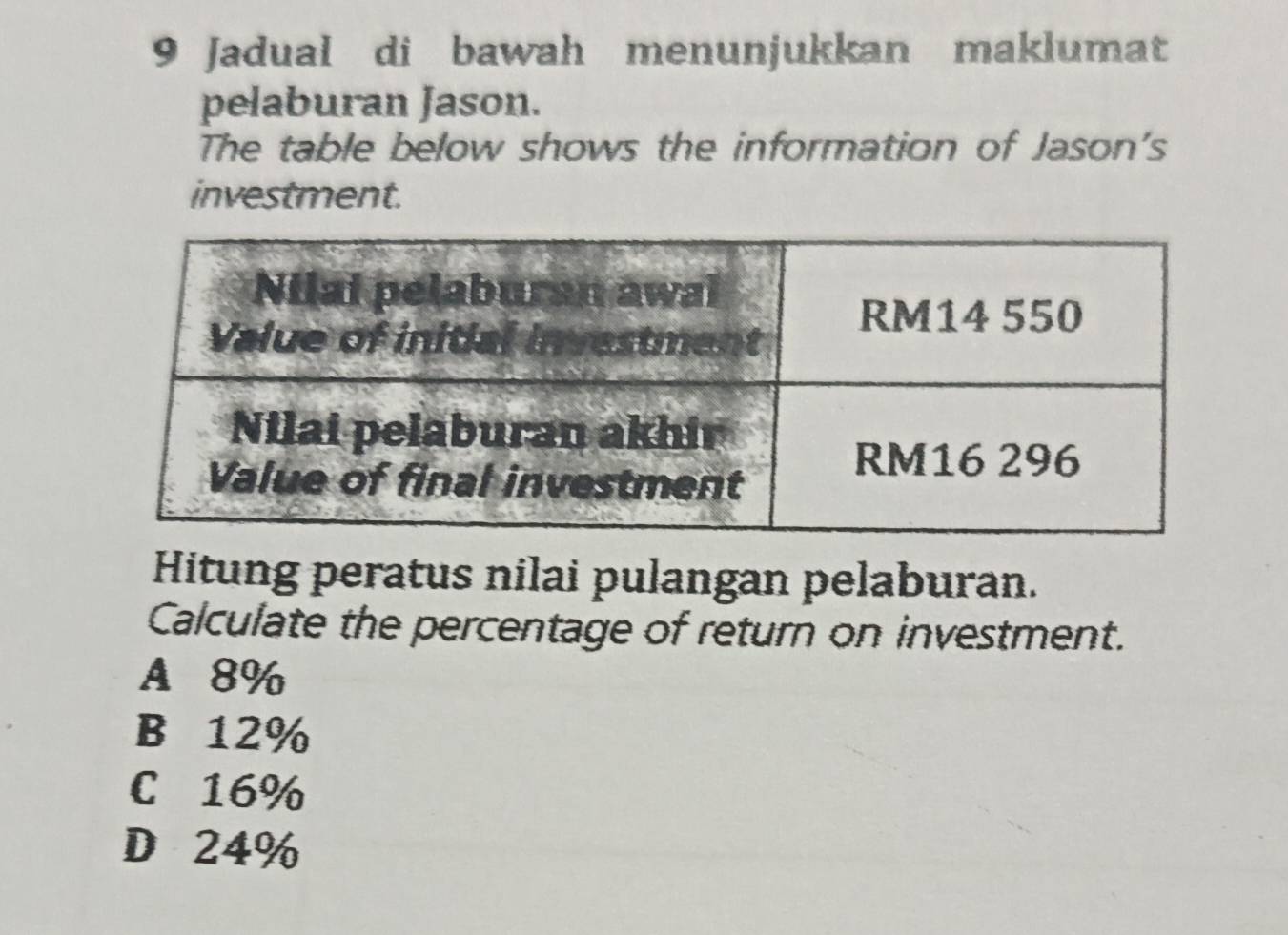 Jaduał di bawah menunjukkan maklumat
pelaburan Jason.
The table below shows the information of Jason's
investment.
Hitung peratus nilai pulangan pelaburan.
Calculate the percentage of return on investment.
A 8%
B 12%
C 16%
D 24%