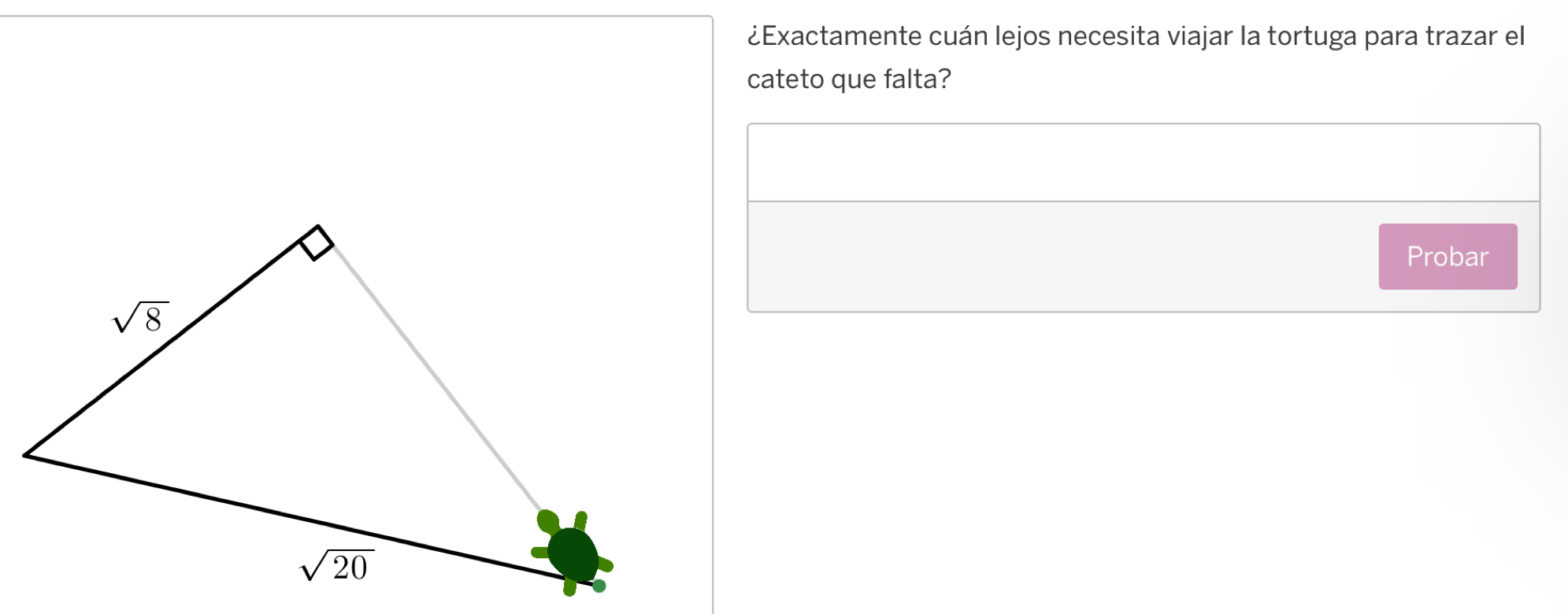 ¿Exactamente cuán lejos necesita viajar la tortuga para trazar el
cateto que falta?
Probar