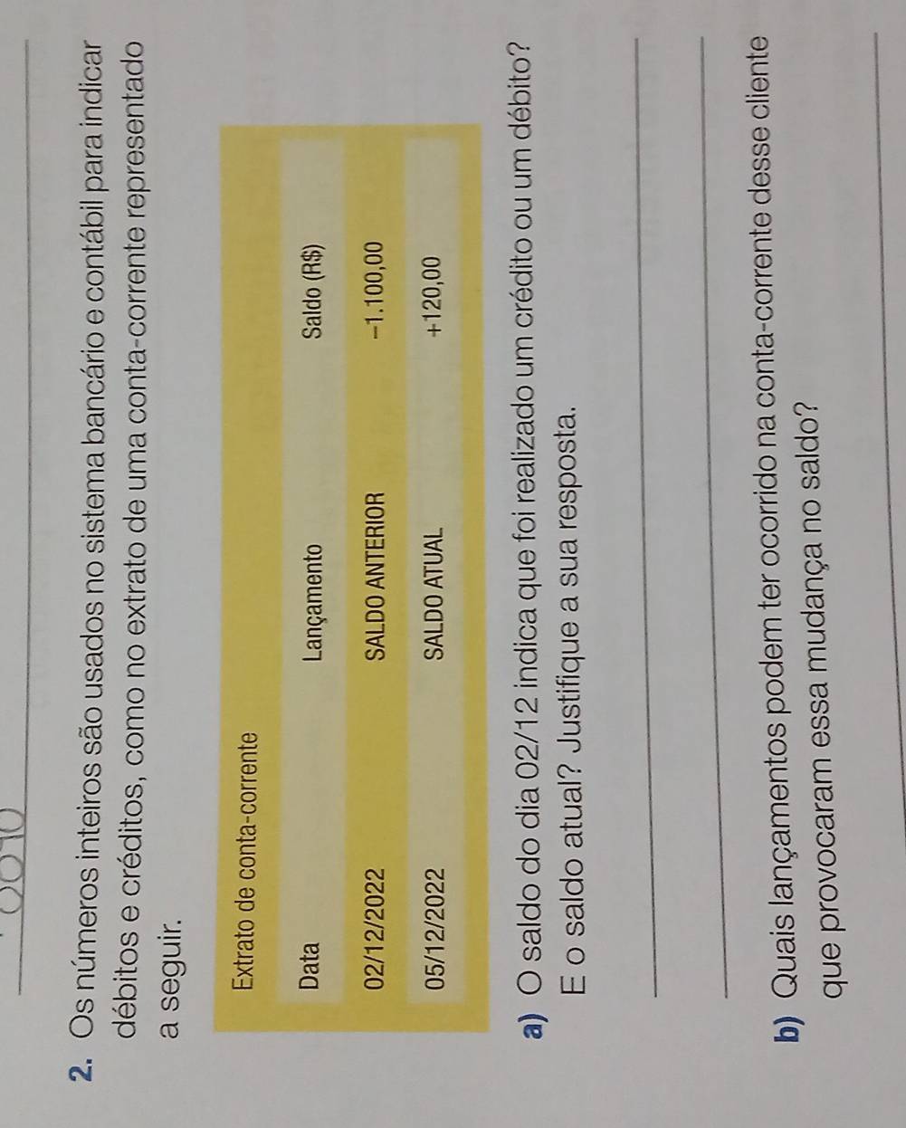 Os números inteiros são usados no sistema bancário e contábil para indicar 
débitos e créditos, como no extrato de uma conta-corrente representado 
a seguir. 
a) O saldo do dia 02/12 indica que foi realizado um crédito ou um débito? 
E o saldo atual? Justifique a sua resposta. 
_ 
_ 
b) Quais lançamentos podem ter ocorrido na conta-corrente desse cliente 
que provocaram essa mudança no saldo? 
_