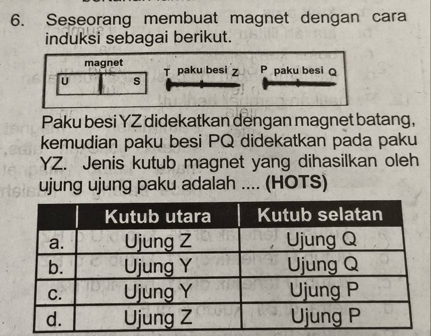 Seseorang membuat magnet dengan cara 
induksi sebagai berikut. 
magnet T paku besi z P paku besi Q
U 
s 
Paku besi YZ didekatkan dengan magnet batang, 
kemudian paku besi PQ didekatkan pada paku 
YZ. Jenis kutub magnet yang dihasilkan oleh 
ujung ujung paku adalah .... (HOTS)