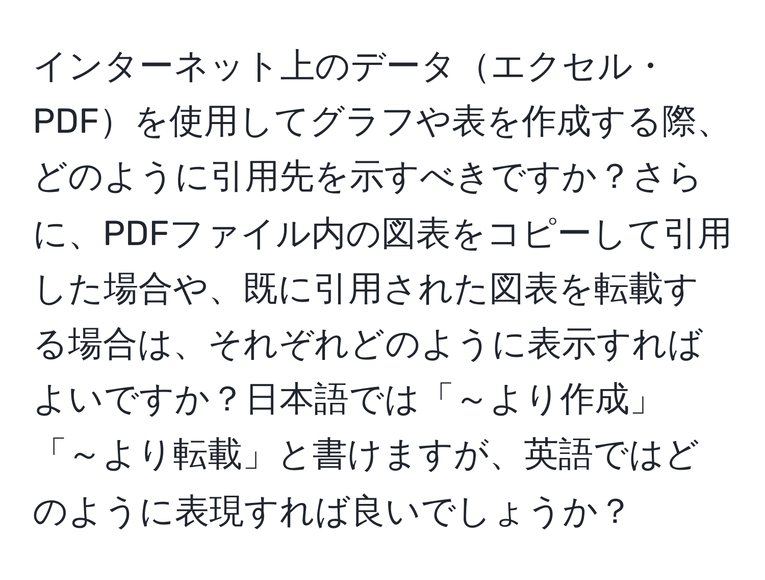 インターネット上のデータエクセル・PDFを使用してグラフや表を作成する際、どのように引用先を示すべきですか？さらに、PDFファイル内の図表をコピーして引用した場合や、既に引用された図表を転載する場合は、それぞれどのように表示すればよいですか？日本語では「～より作成」「～より転載」と書けますが、英語ではどのように表現すれば良いでしょうか？