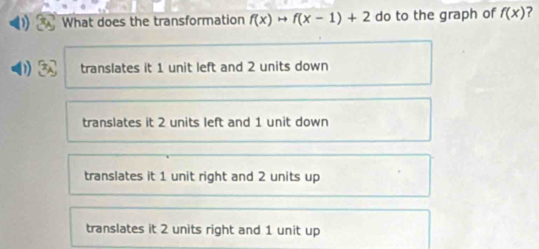 Solved: What does the transformation f(x)to f(x-1)+2 do to the graph of ...