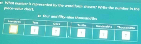 What number is represented by the word form shown? Write the number in the 
place-value chart. 
four and