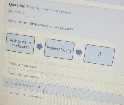 Question 9(Multiple Choice Worth 5 points)
(02.05 MC)
Which statement best completes the sequence?
Assistance to immigrants Political loyalty ?
Rise of muckrakers
Need for social reform
Growth of Tammany Hali
Improvement to tenements