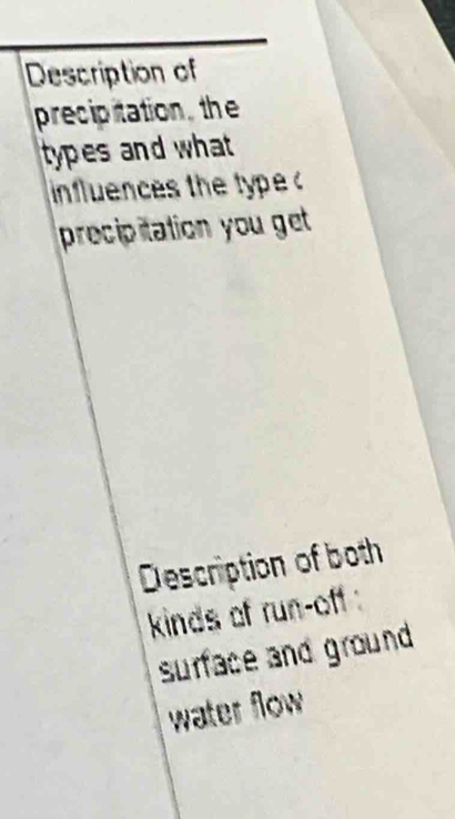 Description of 
precipitation, the 
types and what 
influences the type 
procipitation you get . 
Description of both 
kinds of run-off : 
surface and ground 
water flow