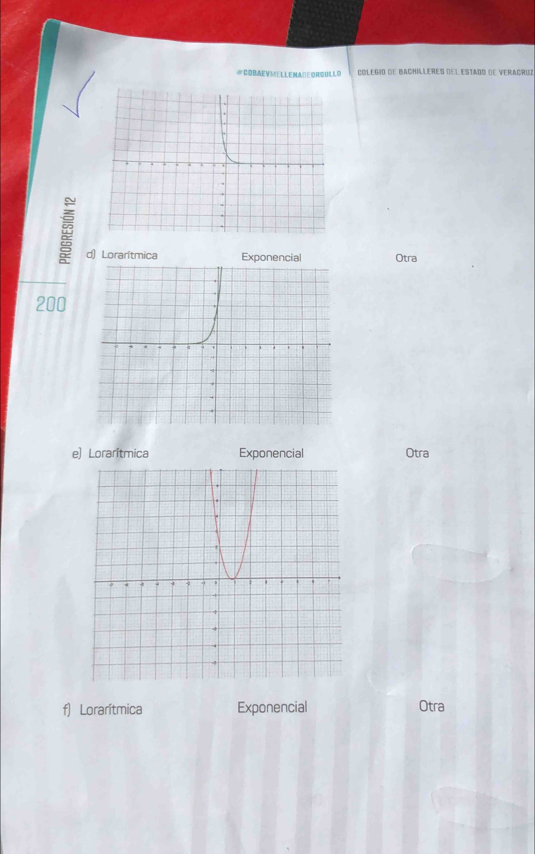 #COBAEVMELLENAD EDRGULLO Colegio de BAChILLErès del Estado de Veraçruz
Otra
200
e) Lorarítmica Exponencial Otra
f) Lorarítmica Exponencial Otra