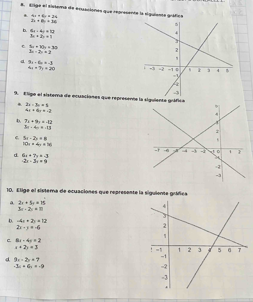 Elige el sistema de ecuaciones que represente la siguiente gráfica
a. 4x+6y=24
2x+8y=36
b. 6x-4y=12
3x+2y=1
C. 5x+10y=30
3x-2y=2
d. 9x-6y=-3
4x+7y=20
9. Elige el sistema de ecuaciones que represente la siguiente gráfica
a. 2x-3y=5
4x+6y=-2
b. 7x+9y=-12
3x-4y=-13
C. 5x-2y=8
10x+4y=16
d. 6x+7y=-3
-2x-3y=9
10. Elige el sistema de ecuaciones que represente la siguiente gráfica
a. 2x+5y=15
3x-2y=11
b. -4x+2y=12
2x· y=-6
c. 8x-4y=2
x+2y=3
d. 9x-2y=7
-3x+6y=-9