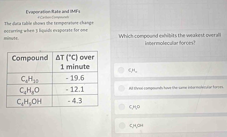 Evaporation Rate and IMFs
4 Carbon Compounds
The data table shows the temperature change
occurring when 3 liquids evaporate for one
minute. Which compound exhibits the weakest overall
intermolecular forces?
C_4H_10
All three compounds have the same intermolecular forces.
C_4H_6O
C_4H OH