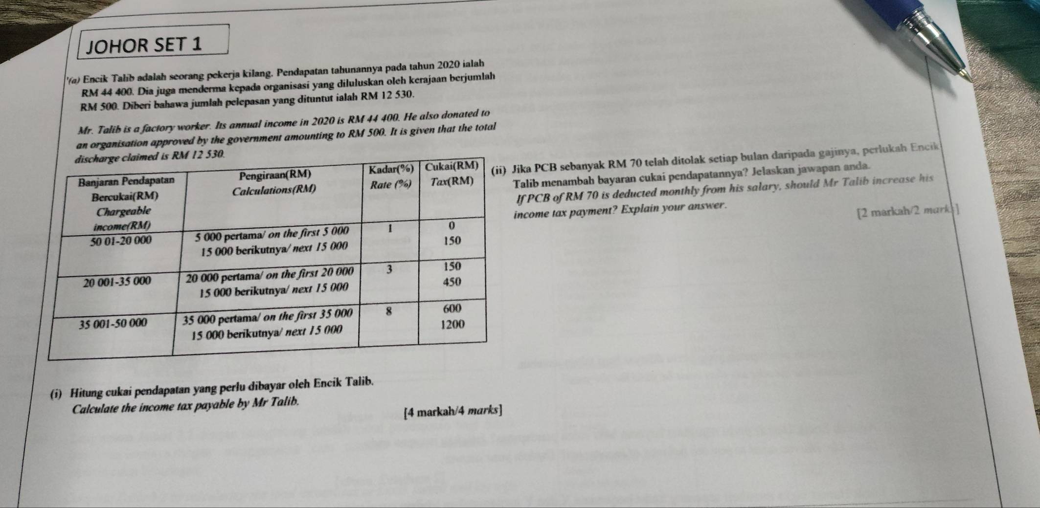 JOHOR SET 1 
'α) Encik Talib adalah seorang pekerja kilang. Pendapatan tahunannya pada tahun 2020 ialah
RM 44 400. Dia juga menderma kepada organisasi yang diluluskan olch kerajaan berjumlah
RM 500. Diberi bahawa jumlah pelepasan yang dituntut ialah RM 12 530. 
Mr. Talib is a factory worker. Its annual income in 2020 is RM 44 400. He also donated to 
an organisation approved by the government amounting to RM 500. It is given that the total 
ka PCB sebanyak RM 70 telah ditolak setiap bulan daripada gajinya, perlukah Encik 
alib menambah bayaran cukai pendapatannya? Jelaskan jawapan anda. 
f PCB of RM 70 is deducted monthly from his salary, should Mr Talib increase his 
[2 markah/2 marks] 
ncome tax payment? Explain your answer. 
(i) Hitung cukai pendapatan yang perlu dibayar oleh Encik Talib. 
Calculate the income tax payable by Mr Talib. 
[4 markah/4 marks]