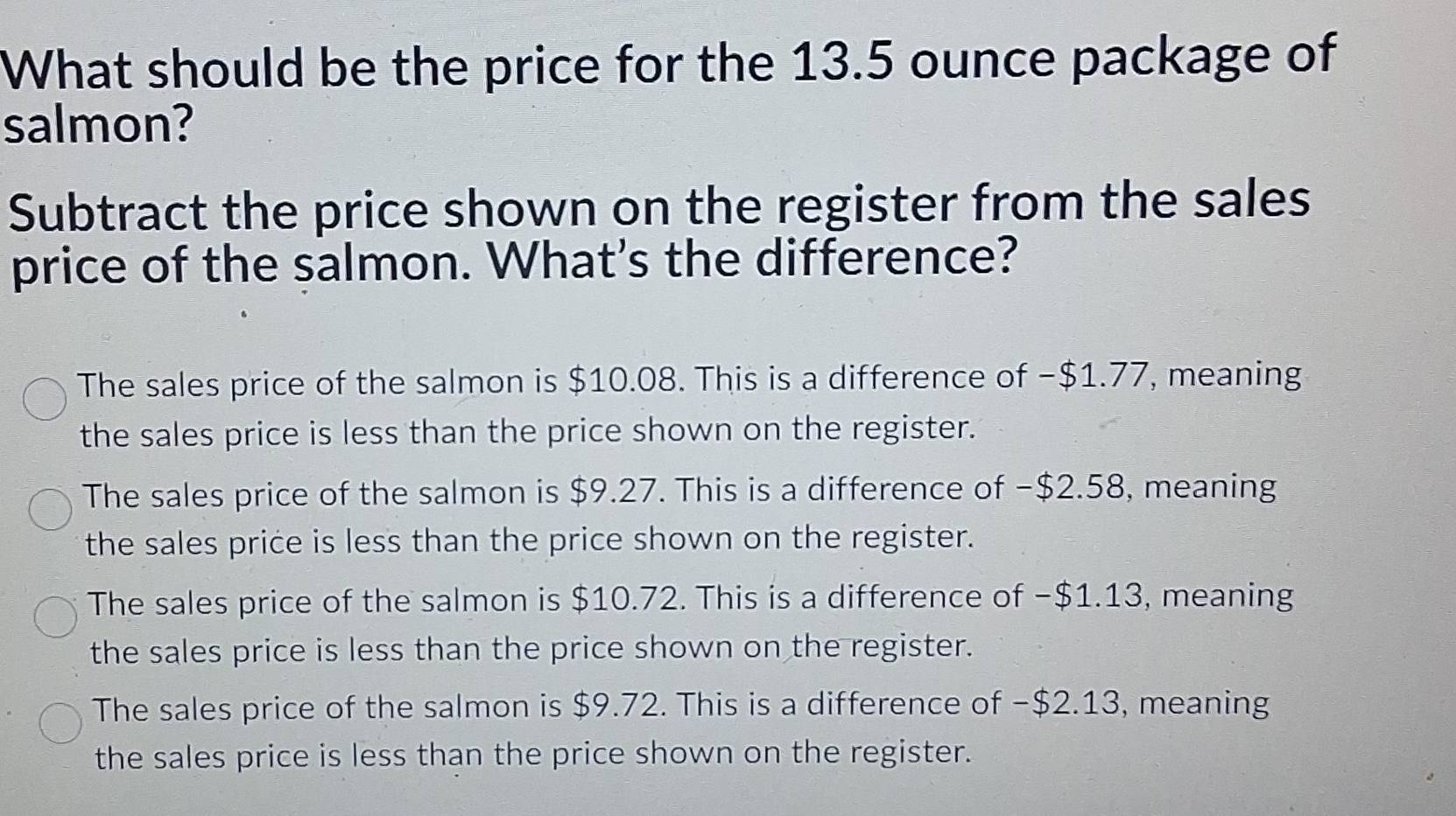 Solved: What should be the price for the 13.5 ounce package of salmon ...