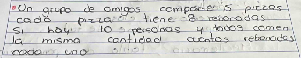 Un grupe de omigos compactes piccas 
cada, pizzao fiene 8. rebonadas 
si hay 10 personas y todos comen 
la misma cantidad oontas rebonodas 
cada uno