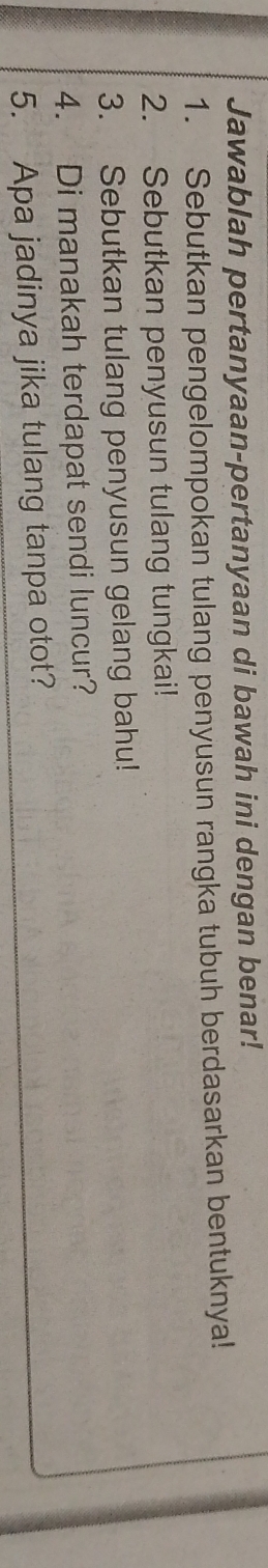 Jawablah pertanyaan-pertanyaan di bawah ini dengan benar! 
1. Sebutkan pengelompokan tulang penyusun rangka tubuh berdasarkan bentuknya! 
2. Sebutkan penyusun tulang tungkai! 
3. Sebutkan tulang penyusun gelang bahu! 
4. Di manakah terdapat sendi luncur? 
5. Apa jadinya jika tulang tanpa otot?