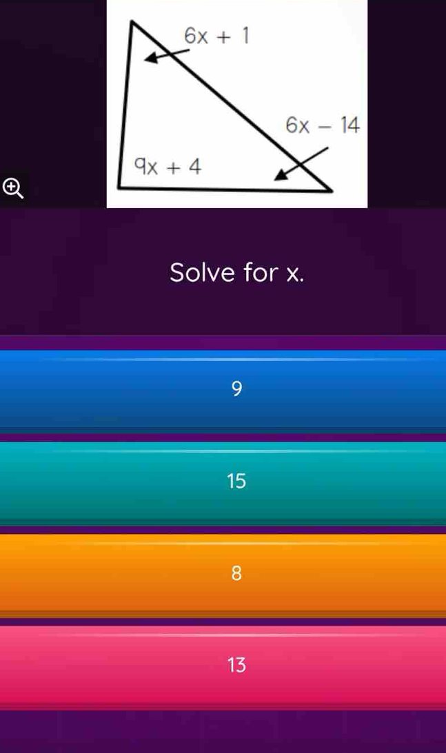 Solve for x.
9
15
13