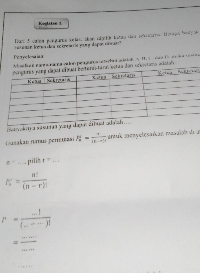 Keglatan 1. 
Darí 5 calon pengurus kelas, akan dipilih ketua dan sekretaris. Berapa banyak 
susunan ketua dan sekretaris yang dapat dibuat? 
Penyelesaian: 
a calon pengurus tersebut adalah A. B. C. dan D. maka susuna 
rıs adalah:
n
Banyaknya susuña 
Gunakan rumus permutasi P_n'= n!/(n-r)!  untuk menyelesaıkan masalah di at
n=... _ pilih r= _
P_n'= n!/(n-r)! 
p= (...!)/(...-...)! 
= ·s /·s  
1* 51