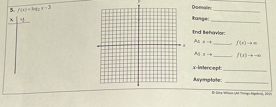 y
5. f(x)=log _2x-3
_ 
Domain: 
x Range:_ 
End Behavior: 
As x to __, f(x)to ∈fty
As xto _ f(x)to -∈fty
x-intercept:_ 
Asymptote:_ 
© Gina Wilson (All Things Algebra), 2015