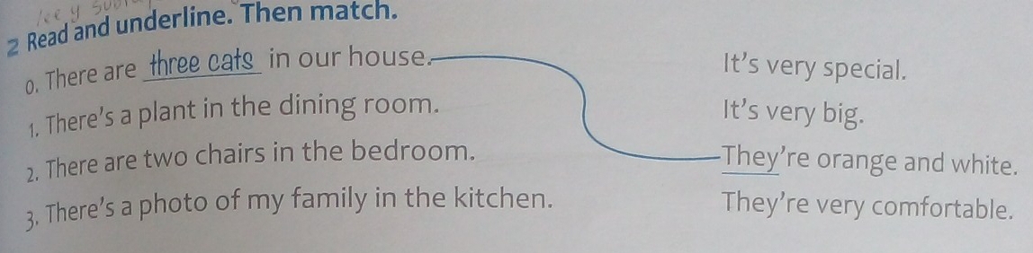 Read and underline. Then match.
o. There are _three cats_ in our house
It’s very special.
1. There’s a plant in the dining room. It's very big.
2. There are two chairs in the bedroom.
They’re orange and white.
3. There’s a photo of my family in the kitchen. They're very comfortable.