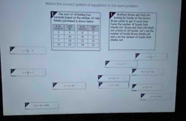 Match the correct system of equations to the word problem
Brothers Bruce and Jack are
2 The cost of attending two looking for books at the library 
carnivals based on the number of ride .
Bruce wonts to get 4 more than
tickets purchased is shown below . twice the number of books Jask
checks out. Bruce and Jask will check
out a fatal of 25 books. Let x be the
number of books Bruce checks ou
and y be the number o? books Jack
checks out
x= 1/2^7  7
x= 1/2 x+7
x+y=7
y= 1/2 x+7
4x+3y=20
y=2x+4
x+y=25
x+y=118
x=2x+4
x7y-148
2x+4y=128