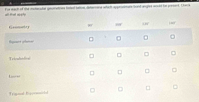 For each of the molecular geometries listed below, determine which approximate bond angles would be present. Check
all that apply.
Geometry
90° 109° 120° 180°
Square planar
Tetrahedral
Lánear
Trigonal Bipyramidal