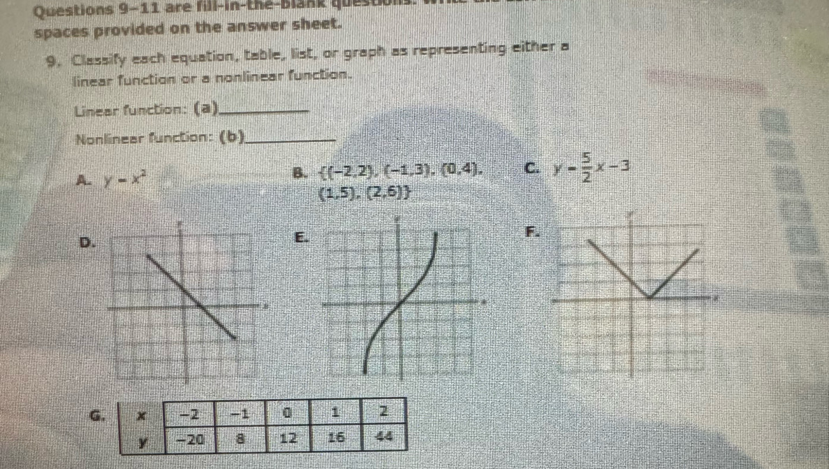 are fill-in-the-blank questio
spaces provided on the answer sheet.
9, Classify each equation, table, list, or graph as representing either a
linear function or a nonlinear function.
Linear function: (a)_
Nonlinear function: (b)_
A. y-x^2 B.  (-2,2),(-1,3),(0,4), C. y- 5/2 x-3
(1,5),(2,6)
D.
E.
F