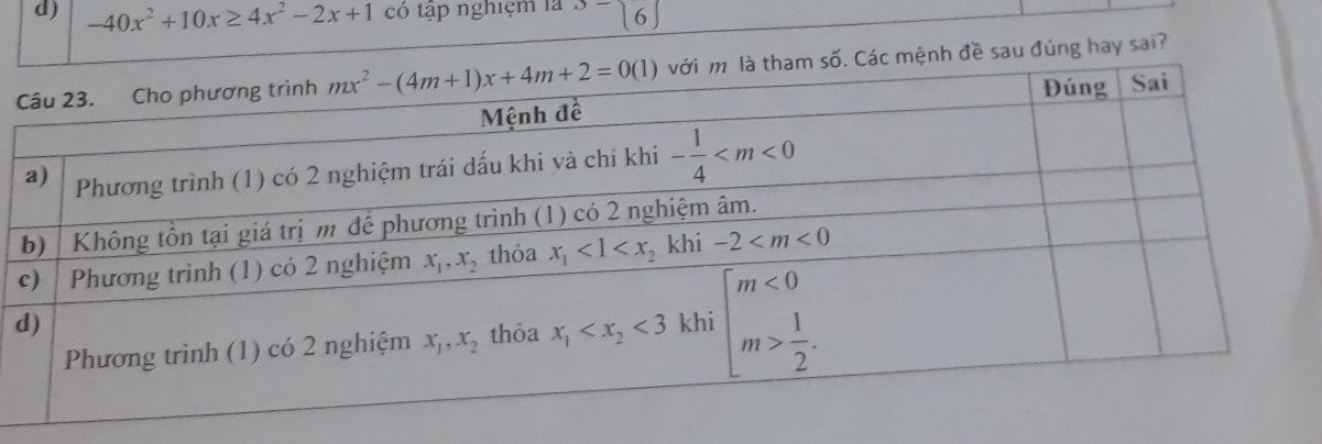 -40x^2+10x≥ 4x^2-2x+1 có tập nghiệm là ^-[6]
Các mệnh đề sau đúng hay sai?
d