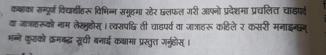 कक्नाका सम्पूर्ण विद्यार्थीहरू विभिन्न समूहमा रहेर छलफल गरी आपनो प्रदेशमा प्रचलित चाडपर्व 
वा जात्राहरूको नाम लेख्ुहोस् । त्यसपक्षि ती चाडपर्व वा जात्राहरूकहिलेर कसरी मनाइन्छन् 
भन्ने कुरको क्रमब्द्ध सूची बनाई कक्षामा प्रस्तुत गर्ुहोस् ।