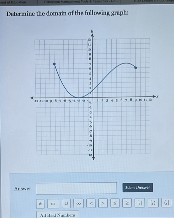 ent of Education Classroom Management Tools & Resources - Go... 11.22 Lesson 3.4 Domain(a 
Determine the domain of the following graph: 
Answer: □ Submit Answer
φ or U ∞ < 7  2 [, ] [, ) (,]
All Real Numbers