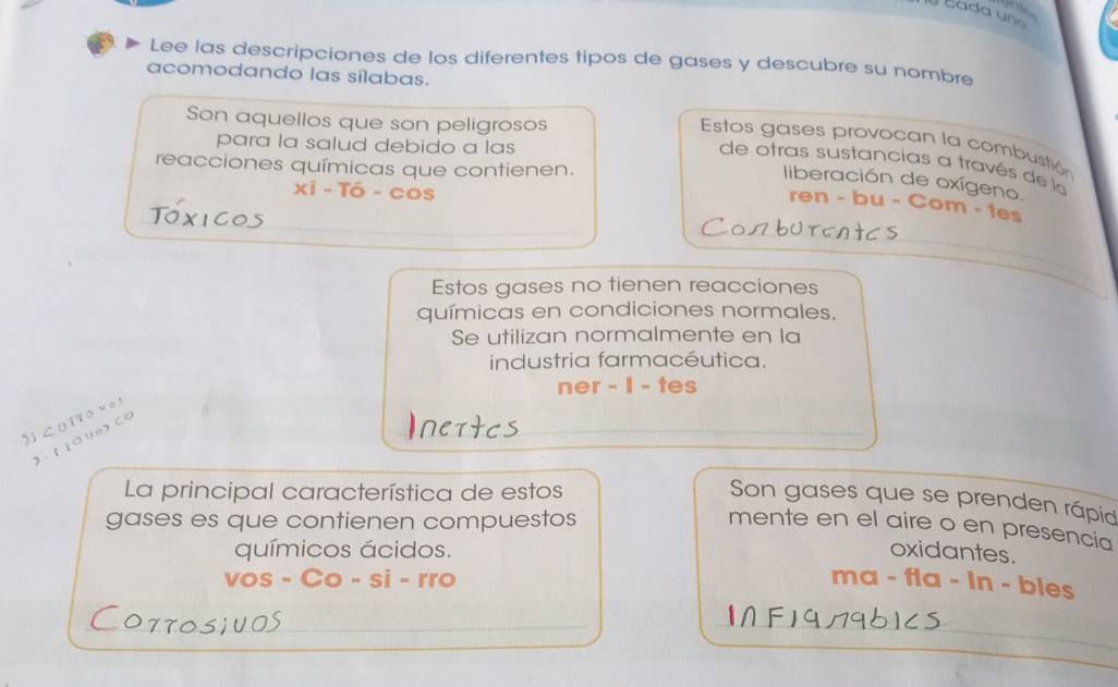 bada una 
Lee las descripciones de los diferentes tipos de gases y descubre su nombre 
acomodando las sílabas. 
Son aquellos que son peligrosos 
para la salud debido a las 
Estos gases provocan la combustión 
reacciones químicas que contienen. 
de otras sustancias a través de la 
liberación de oxígeno. 
Xi - T - COs 
ren - bu - Com - tes 
Estos gases no tienen reacciones 
químicas en condiciones normales. 
Se utilizan normalmente en la 
industria farmacéutica. 
ner - I - tes 
S ≤ 0110 × ° 
. 110U0>CC 
La principal característica de estos 
Son gases que se prenden rápid 
gases es que contienen compuestos mente en el aire o en presencia 
químicos ácidos. oxidantes. 
vos - Co - si - rro ma - fla - In - bles