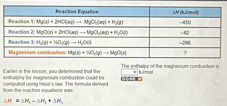 The enthalpy of the magnesium combustion is
Earlier in the lesson, you determined that the kJ/mol
enthalphy for magnesium combustion could be DONE 
computed using Hess's law. The formula derived
from the reaction equations was.
△ H=△ H_1-△ H_2+△ H_3