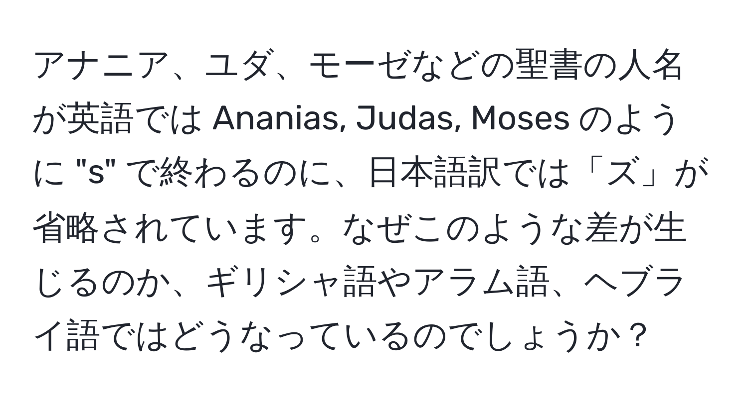 アナニア、ユダ、モーゼなどの聖書の人名が英語では Ananias, Judas, Moses のように "s" で終わるのに、日本語訳では「ズ」が省略されています。なぜこのような差が生じるのか、ギリシャ語やアラム語、ヘブライ語ではどうなっているのでしょうか？