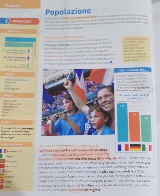 Francia
Popolazione
La popoisaune franoese é in crescitó dello á es e sembra una percentuale bassa, ma in reass e
INFOPOINT fra le priatte d'Europa. Oani dona ha in media 1,9 fift, un valore che pub grpantive the F nan
nas bilancino agmí anna i decas. Letá media di poco superiore al 41 anni, pu bassia the in Itsle
é indicr di una popolaziont giovare 
Una popolazione giovane
Da decenni i governi frances! favoriscono in ogni modo Assegna familiare
le famiglie numerose e incentivano le niscite: nel Pame cl é una forma di sisto
sono moltissimi asili nido a basso costo, leggi che tutelano uno Statis actua per económica che
manca metopoltioos 14 12 252 abtent le donne in gravidanza e dutante la maternitá, axsegni famillian componti de sustenere i nucle 
familliari per genitori giovani e disoccupati. Queste politiche
Tenîtail d'Ohanar 2 8011 333 cbtant spiegano perché la natalitá e la fertilitá sono molto piú alte pil persone e con un  eldón baran
60 213 34s abltins =oh in Francia rispetto alla Germania, alla Spagna o all Italia. E
Densinó
Francio metmnaliture
tale
à 
Inlgion
Cristion 475
Nan religioal 405.
Mupitan SX
Budd ''
te ?
Lngue
Francese Lifficialel, minpranze
limguistiche braton) corse
tedesche, basche catalone,
flamminghe
Le principol etle 
Frances 93.15 
Algenni 
Porloghes la política e l'economia non sono influenzate dalla religione. Dal 1872 lo Stato francese
non esegue statistiche ufficiali sulle affiliazioni religiose, proprio per rispettare le scelte
Marsicchimi personali in matería di fede e per non esserne influenzato. Di conseguenza i dati sulle
Iallion religioni sono parziali e non sempre attendíbili. Il cristianesimo cattolico (47%) é
I Spagnoli la religione storica del Paese, come mostrano le migliaia di chiese sparse in tutta la Francia
Tunsin  L'islam (5%) é in netta crescita, in quanto religione di molti immigrati; inoltre esistono
a Turchi minoranze rilevanti di seguaci del buddismo e dell ebraismo. Una quota significativa
di francesi (circa il 40%) si dichiara non religiosa.