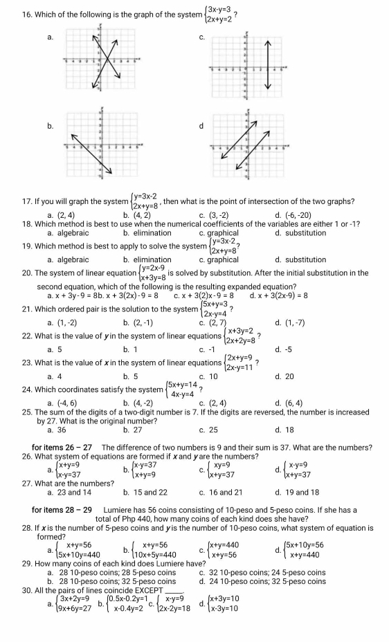 Which of the following is the graph of the system beginarrayl 3x-y=3 2x+y=2endarray. ?
a.
C

b.
d
17. If you will graph the system beginarrayl y=3x-2 2x+y=8endarray. , then what is the point of intersection of the two graphs?
a. (2,4) b. (4,2) C. (3,-2) d. (-6,-20)
18. Which method is best to use when the numerical coefficients of the variables are either 1 c or-7 1?
a. algebraic b. elimination c. graphical d. substitution
19. Which method is best to apply to solve the system beginarrayl y=3x-2 2x+y=8endarray.
a. algebraic b. elimination c. graphical d. substitution
20. The system of linear equation beginarrayl y=2x-9 x+3y=8endarray. is solved by substitution. After the initial substitution in the
second equation, which of the following is the resulting expanded equation?
a. x+3y-9=8b.x+3(2x)-9=8 C. x+3(2)x-9=8 d. x+3(2x-9)=8
21. Which ordered pair is the solution to the system beginarrayl 5x+y=3 2x-y=4endarray. ?
a. (1,-2) b. (2,-1) C. (2,7) d. (1,-7)
22. What is the value of yin the system of linear equations beginarrayl x+3y=2 2x+2y=8endarray. ? d. -5
a. 5 b. 1 c. -1
23. What is the value of xin the system of linear equations beginarrayl 2x+y=9 2x-y=11endarray. ?
a. 4 b. 5 c. 10 d. 20
24. Which coordinates satisfy the system beginarrayl 5x+y=14 4x-y=4endarray. ?
a. (-4,6) b. (4,-2) C. (2,4) d. (6,4)
25. The sum of the digits of a two-digit number is 7. If the digits are reversed, the number is increased
by 27. What is the original number?
a. 36 b. 27 c. 25 d. 18
for items 26-27 The difference of two numbers is 9 and their sum is 37. What are the numbers?
26. What system of equations are formed if xand γare the numbers?
a. beginarrayl x+y=9 x-y=37endarray. b. beginarrayl x-y=37 x+y=9endarray. c. beginarrayl xy=9 x+y=37endarray. d. beginarrayl x-y=9 x+y=37endarray.
27. What are the numbers?
a. 23 and 14 b. 15 and 22 c. 16 and 21 d. 19 and 18
for items 28 - 29 Lumiere has 56 coins consisting of 10-peso and 5-peso coins. If she has a
total of Php 440, how many coins of each kind does she have?
28. If x is the number of 5-peso coins and yis the number of 10-peso coins, what system of equation is
formed?
a. beginarrayl x+y=56 5x+10y=440endarray. b. beginarrayl x+y=56 10x+5y=440endarray. C. beginarrayl x+y=440 x+y=56endarray. d. beginarrayl 5x+10y=56 x+y=440endarray.
29. How many coins of each kind does Lumiere have?
a. 28 10-peso coins; 28 5-peso coins c. 32 10-peso coins; 24 5-peso coins
b. 28 10-peso coins; 32 5-peso coins d. 24 10-peso coins; 32 5-peso coins
30. All the pairs of lines coincide EXCEPT
a beginarrayl 3x+2y=9 9x+6y=27endarray. b. beginarrayl 0.5x-0.2y=1 x-0.4y=2endarray. c.beginarrayl x-y=9 2x-2y=18endarray. beginarrayl x+3y=10 x-3y=10endarray.