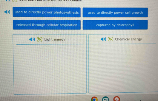 used to directly power photosynthesis used to directly power cell growth
released through cellular respiration captured by chlorophyll
Light energy Chemical energy