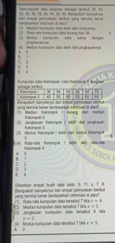 Sekumpuian data disajikan sebagai berikut: 25, 30.
30, 35, 35, 35, 40, 40, 55, 60. Berapakal banyaknya
berdasarkan informasi di atas?  dan empat pemyataan berikut yang berilai benar
(1) Median kumpulan data lebih dari modusnya.
(2) Rata-rata kumpulan data kurang dari 39. 4.
(3) Modus kumpulan data sama dengan
jangkauann ya .
A. 0 (4) Median kumpulan data lebih dari jangkauannya.
B. 1 C. 2
D. 3
E. 4
Kumpulan data Kelompok I dan Kelompok II disajikán
Berapakah banyaknya dari empat pemyataan beriküt
yang bernilai benar berdasarkan informasidi atas?
(1) Median Kelompok I kurang dari median
Kelompok II.
(2) Jangkauan Kelompok I lebih dari jangkauan
Kelompok II.
(3) Modus Kelompok I lebih dari modus Kelompok 5.
Ⅱ.
(4) Rata-rata Kelompok I lebih dari rata-rata
Kelompok II.
A. 0
SEKOL
B. 1
C. 2
D. 3
E. 4
Diberikan empat buah data yaitu: 5, 11, x, 7, 8.
Berapakah banyaknya dari empat pernyataan berikut
yang bernilai benar berdasarkan informasi di atas?
(1) Rata-rata kumpulan data tersebut 7 bila x=4.
2) Median kumpulan data tersebut 7 bila x=5.
(3) Jangkauan kumpulan data tersebut 6 bila
x=2.
(4) Modus kumpulan data tersebut 7 bila x=5.
A. 0