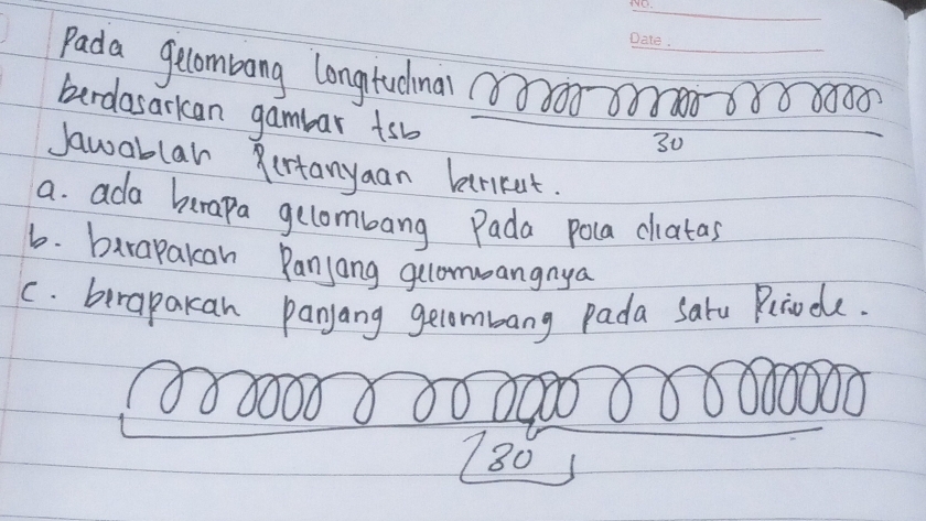 Pada gecombong longtudmal 0200- 800888 80O0
berdasarkcan gambar tsb 
30 
Jawablar Pertanyaan larrket. 
a. ada barapa gelombang Pada pola chiatas 
6. birapakcan Panjang guamuangnya 
c. berapakan panyang gecombang pada saru Rriade.
180