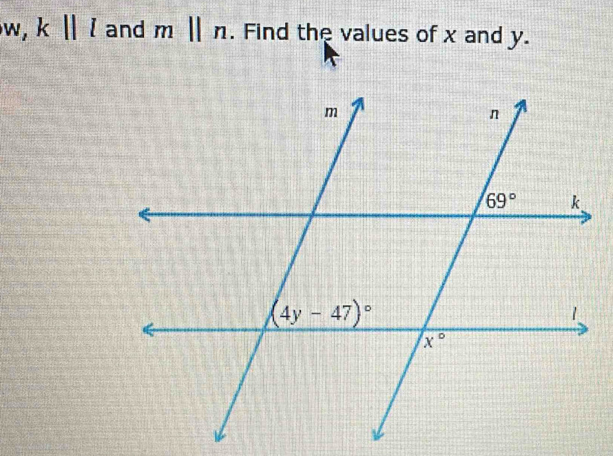 k||l and m||n. Find the values of x and y.