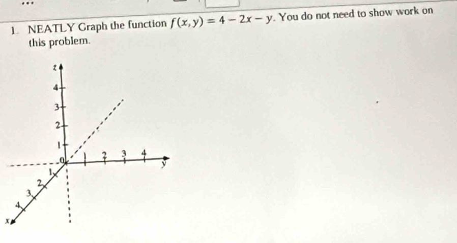 NEATLY Graph the function f(x,y)=4-2x-y. You do not need to show work on 
this problem.
x