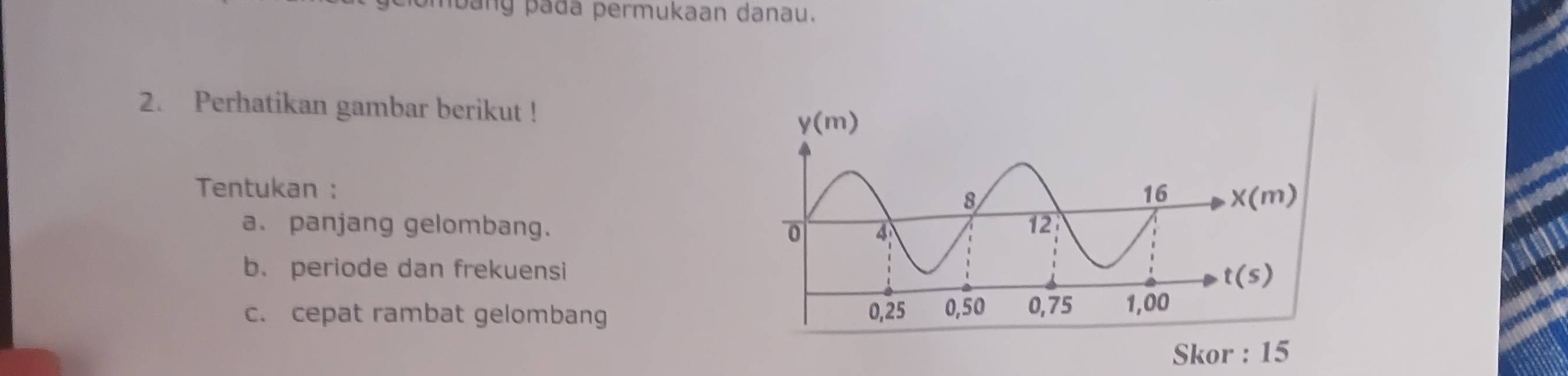 pảng pada permukaan danau.
2. Perhatikan gambar berikut !
Tentukan : 
a. panjang gelombang. 
b. periode dan frekuensi
c. cepat rambat gelombang 
Skor : 15